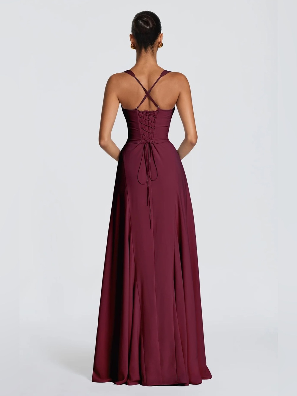Burgundy Lace-Up Back Maxi Dress with Crossback Straps